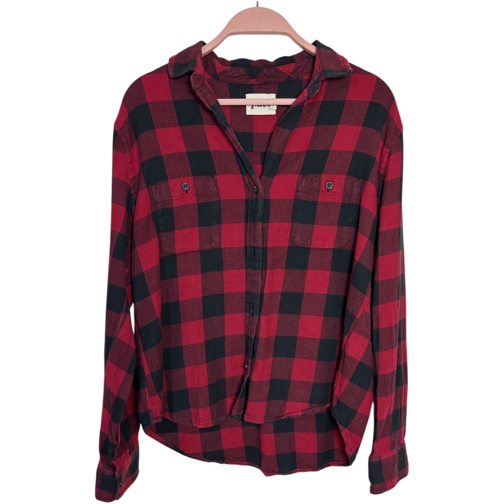 PACT Womens Red Black Plaid Flannel Button Up Shirt Organic Cotton Sz S Buffalo